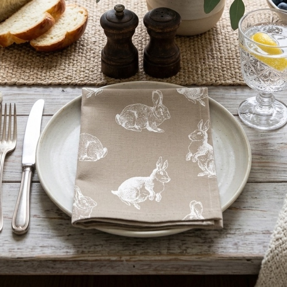 Well Dressed Home Bunny Rabbit Sand Beige Fabric Napkin Set Of 2